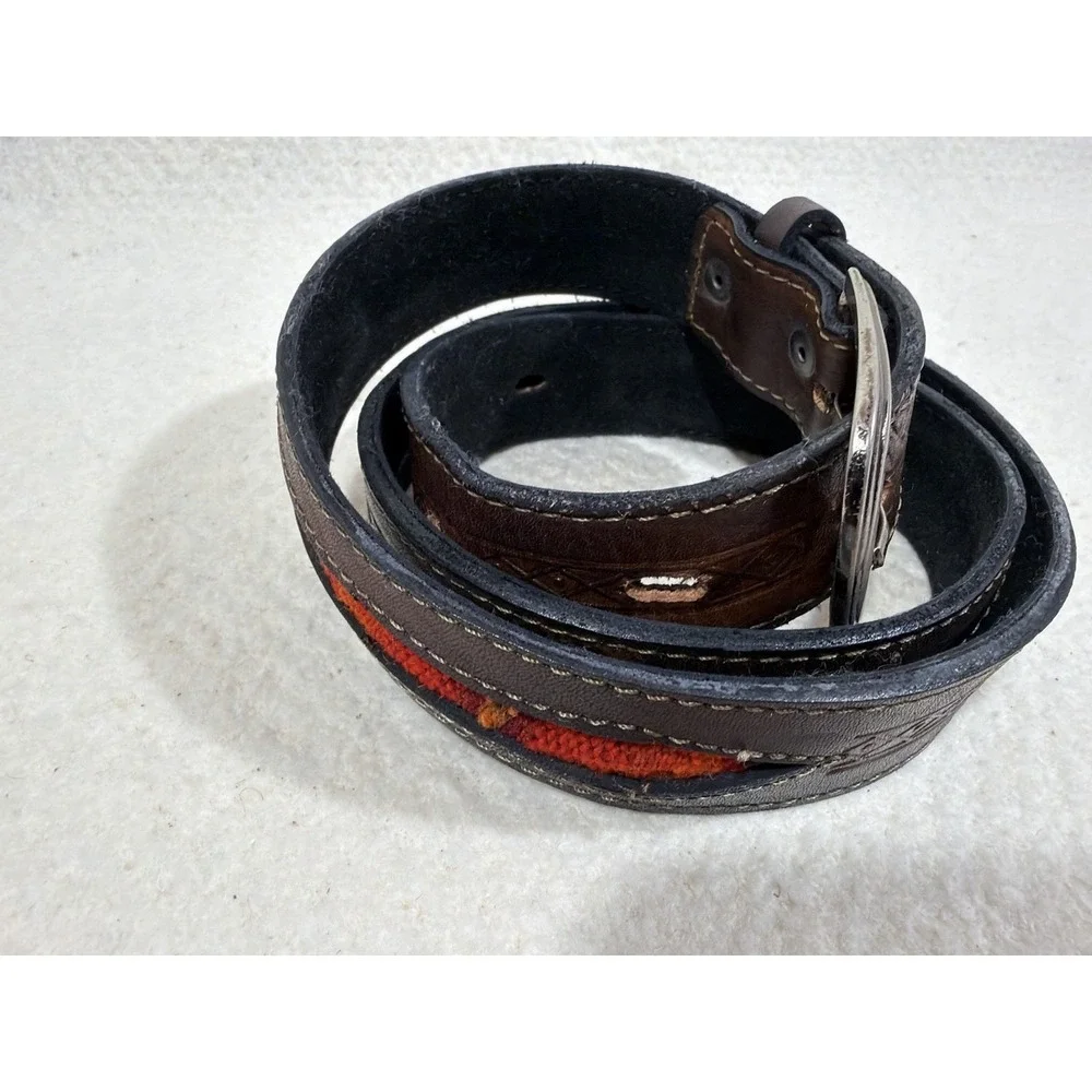 Vintage Leather Belt Western Tooled Brown Wool Inlay Boho Rustic 36